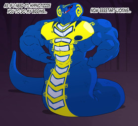 abs anthro biceps big_muscles big_pecs blue_body blue_scales dialogue fangs living_tail male markings muscular muscular_anthro muscular_arms muscular_male nipples pecs red_eyes scales snake_tail solo tail teeth text unusual_anatomy unusual_tail white_body white_scales yellow_body yellow_scales parttimeyeen lego ninjago skales_(ninjago) hypnobrai reptile scalie serpentine_(ninjago) snake english_text hi_res