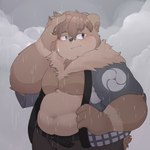 anthro bottomwear brown_body brown_fur clothing fur humanoid_hands kemono male outside overweight overweight_anthro overweight_male pants raining solo l4zily hunkuma bear mammal 1:1 2020 absurd_res hi_res