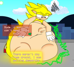 abdominal_bulge annoyed anthro belly_on_ground bodily_fluids clothing dialogue dialogue_box digestion duo face_imprint footwear fur gloves hand_on_belly handwear imprint lying male male/male male_pred male_prey on_front onomatopoeia red_clothing red_eyes red_footwear red_shoes red_sneakers rumbling_stomach shoes sneakers sound_effects sweat sweatdrop text unwilling_prey vore white_clothing white_gloves white_handwear yellow_body yellow_fur lemonytibbits sega sonic_the_hedgehog_(series) knuckles_the_echidna sonic_the_hedgehog super_sonic echidna eulipotyphlan hedgehog mammal monotreme 2024 colored english_text hi_res