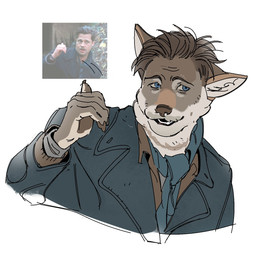 accessory anthro biped blue_eyes brown_body brown_fur brown_hair clothed clothing coat fully_clothed fur gesture grey_body grey_fur hair hand_gesture male multicolored_body multicolored_fur necktie pointy_ears short_hair simple_background snout solo thumbs_up topwear white_body white_fur ddcrushh aldo_raine canid canine mammal digital_drawing_(artwork) digital_media_(artwork) half-length_portrait hi_res portrait reference_image