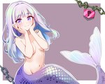 blush breasts chain cleavage clothed clothing covering covering_breasts female hair lock navel pink_hair purple_body purple_eyes purple_scales scales smile split_form saburouta_gp the_goonies annie_the_mermaid marine merfolk 5:4