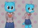 anthro blue_body blue_fur bottomwear clothed clothing crossdressing duo female femboy fur furgonomics male skirt standing tail tail_through_skirt chopsticc cartoon_network doki_doki_literature_club! team_salvato the_amazing_world_of_gumball gumball_watterson nicole_watterson domestic_cat felid feline felis mammal 2022 4:3 digital_media_(artwork) hi_res mother_(lore) parent_(lore) son_(lore)