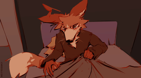 anthro bed biped brown_body brown_fur clothing ear_twitch fur furniture male multicolored_body multicolored_fur on_bed pajamas pillow solo tan_body tan_fur tired under_covers whiskers lawyerdog cantio_(lawyerdog) canid canine canis coyote mammal 2026 digital_media_(artwork) hi_res