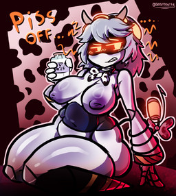 accessory acid ambiguous_fluids animal_print belly big_breasts big_butt black_body blush blush_lines bottle bow_ribbon bow_tie breasts butt container cow_print embarrassed fake_horns female furgonomics glass glass_container glowing glowing_eyes grey_hair hair hand_on_ground hazard_stripes headband holding_bottle holding_container holding_object huge_breasts kneeling liquid looking_away machine milk milk_container mostly_nude nipples purple_nipples ribbons short_hair simple_background slightly_chubby solo stinger stripes tail tail_accessory tail_around_arm tail_bow tail_ribbon text thick_thighs white_body white_hair wide_hips yellow_eyes yellow_text diddlydooter1 glitch_productions murder_drones v_(murder_drones) disassembly_drone humanoid robot robot_humanoid artist_name digital_drawing_(artwork) digital_media_(artwork) hi_res signature