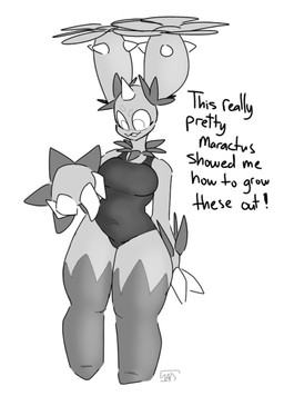 belly cactus claws clothing female happy legwear navel plant solo swimwear text thick_thighs thigh_highs onearmdude nintendo pokemon vivian_(onearmdude) generation_5_pokemon humanoid maractus pokemon_(species) english_text hi_res monochrome sketch