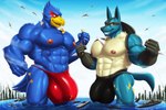 abs aircraft airplane anthro beak big_bulge blue_body bulge city clothed clothing destruction detailed_bulge duo fist genital_outline green_eyes jet macro male muscular muscular_anthro muscular_male nipples non-mammal_nipples pecs red_eyes sea ship speedo spines swimwear tail topless vehicle water watercraft dream_and_nightmare nintendo pokemon star_fox falco_lombardi avian canid canine generation_4_pokemon lucario mammal pokemon_(species) 3:2 absurd_res hi_res