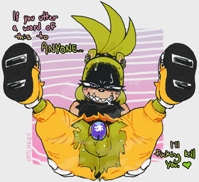 anthro anus balls black_body bodily_fluids bottomwear butt chastity_cage chastity_device clothed clothing death_threat dialogue drooling ear_piercing ear_ring embarrassed footwear genitals glare green_body green_hair gynomorph hair hand_on_butt hand_on_own_butt heart_after_text intersex legs_up looking_at_viewer multicolored_body no_underwear pants piercing profanity purple_eyes ring_piercing saliva sharp_teeth shoes simple_background smile smiling_at_viewer solo spread_legs spreading sweat talking_to_viewer tan_body teeth text torn_bottomwear torn_clothing torn_pants wardrobe_malfunction latchk3y idw_publishing sega sonic_the_hedgehog_(comics) sonic_the_hedgehog_(idw) sonic_the_hedgehog_(series) surge_the_tenrec afrosoricid mammal tenrec 2026 english_text hi_res