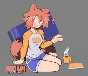 blue_bottomwear blue_clothing blue_shorts blush bottomwear breasts clothed clothed_female clothed_humanoid clothing container cup emanata eye_through_hair eyebrow_through_hair eyebrows female female_humanoid fingers front_view hair human_and_animal_ears light_body light_skin markings mug multi_ear orange_ears orange_eyebrows orange_eyes orange_hair orange_text ring_(marking) ringed_tail shirt shorts sitting smile solo striped_markings striped_tail stripes tail tail_markings text topwear translucent translucent_hair white_text derpyfox_36 mona_(derpyfox_36) animal_humanoid canid canid_humanoid canine canine_humanoid humanoid mammal mammal_humanoid tanuki_humanoid 2023 digital_drawing_(artwork) digital_media_(artwork) english_text full-length_portrait portrait
