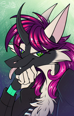 abstract_background anthro blep clothing equis_universe fangs female fluffy fur horn jacket smile solo teeth tongue tongue_out topwear sunny_way sunny_way_(character) ki'rinaes hi_res portrait