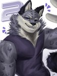 anthro biceps clothing fur fur_markings grey_body grey_fur hair looking_at_viewer male markings multicolored_body multicolored_fur muscular muscular_male pose purple_eyes shirt simple_background smile solo spots spotted_body spotted_fur tank_top teeth topwear two_tone_body two_tone_fur lumii i_think_i_like_you dev_(i_think_i_like_you) felid mammal pantherine snow_leopard 3:4 absurd_res hi_res