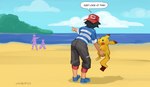 ash's_pikachu ash_ketchum butt butt_grab generation_1_pokemon group hand_on_butt humor joke male nintendo pikachu pokemon pokemon_(species) seaside smolevn squeezing