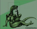 3_fingers anthro breasts butt claws different_styles female fingers green_body looking_away nipples nude paws raised_tail simple_background solo tail josephsuchus jurassic_park jurassic_world philosoraptor universal_studios dinosaur dromaeosaurid humanoid prehistoric_species reptile scalie theropod hi_res meme