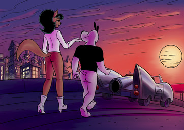 anthro black_hair boots bottomless butt car casual_exposure city cityscape clothed clothing duo female footwear fur hair high_heeled_boots high_heels male public public_nudity rear_view shoes sunset tan_body tan_fur vehicle walking white_body white_fur redout nickelodeon t.u.f.f._puppy dudley_puppy kitty_katswell canid canine canis domestic_cat domestic_dog felid feline felis mammal 2021 absurd_res hi_res
