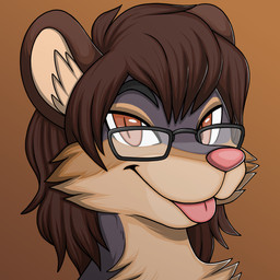 anthro big_ears biped black_eyewear black_glasses blep brown_background brown_body brown_ears brown_eyes brown_fur brown_hair brown_inner_ear_fluff cheek_tuft countershade_fur countershading eyebrows eyewear facial_tuft fluffy fluffy_chest fur glasses gradient_background hair happy head_tuft inner_ear_fluff long_hair looking_at_viewer male messy_hair mullet multicolored_body multicolored_fur neck_tuft pink_nose pink_tongue round_ears simple_background smile snout solo tongue tongue_out tuft wearing_glasses white_sclera wide_eyed hachimakiyaki pla_(alottaplaplapla) mammal northern_olingo olingo procyonid 1:1 2026 digital_drawing_(artwork) digital_media_(artwork) headshot_portrait icon portrait shaded