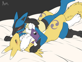 3_fingers arm_on_shoulder arm_tuft armwear athletic bed bent_legs big_butt biped black_background black_body black_fur black_nose black_sclera blue_body blue_eyes blue_fur blush blush_lines bridal_gauntlets butt cheek_tuft chest_tuft claws clothed clothed/nude clothing countershade_torso countershading eyebrows eyelashes facial_markings facial_tuft fangs female fingers fluffy fur fur_markings furniture hand_on_bed happy head_markings inside kemono legwear long_ears long_tail lying male male/female markings mask_(marking) neck_tuft nude on_back open_mouth orgasm orgasm_face pink_tongue purple_body purple_clothing purple_fur romantic romantic_couple sex_on_bed shoulder_tuft simple_background slim smile spikes spread_legs spreading tail tan_body tan_fur teeth text thigh_highs tomoe_(symbol) tongue tuft white_body white_countershading white_fur yellow_body yellow_fur yin_yang nekomata_ftnr bandai_namco digimon nintendo pokemon digimon_(species) generation_4_pokemon lucario pokemon_(species) renamon 4:3 artist_name colored crossover flat_colors hi_res signature