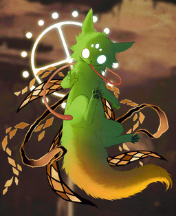 4_toes 5_eyes 5_fingers ambiguous_gender anthro black_nose cheek_tuft detailed_background facial_tuft feet fingers fur glowing glowing_eyes gradient_fur gradient_tail green_body green_ears green_fur green_pawpads looking_at_another looking_at_viewer multi_eye multicolored_body multicolored_fur orange_wings pawpads semi-anthro solo tail toes tongue tongue_out tuft two_tone_body two_tone_fur two_tone_tail white_eyes wings yellow_tail jejejunum rain_world videocult saint_(rain_world) slugcat 2025 digital_drawing_(artwork) digital_media_(artwork) full-length_portrait hi_res portrait