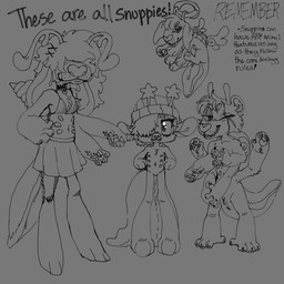 ambiguous_gender anthro bottomwear clothed clothing emo_haircut feral group hat hat_only headgear headgear_only headwear headwear_only mostly_nude multi_limb shell skirt smile smirk sparklefur text puppydirt snuppy 1:1 cross-hatching english_text hatching_(art) hi_res monochrome shaded sketch