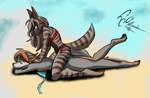 anthro backrub bikini clothing duo ear_piercing eyes_closed female fur grey_body grey_fur hair lying piercing simple_background stripes swimwear two-piece_swimsuit dekaisen bloodline bloodline_(webcomic) sil_(bloodline) vivian_(bloodline) canid canine canis fox grey_fox hyena mammal striped_hyena urocyon hi_res