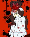 anthro blood blood_on_clothing blood_on_face blood_on_hand blood_splatter bodily_fluids brown_body brown_fur clothing covering covering_mouth female fur gore red_background red_eyes school_uniform simple_background tail torn_clothing uniform teethpire beastars juno_(beastars) canid canine canis mammal wolf 2020 hi_res