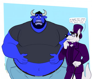 anthro beard belly belly_inflation belly_peeking_out black_hair blue_body blue_fur blueberry_inflation blush body_inflation bow_tie brown_hair butt butt_expansion cane clothed clothing dialogue duo embarrassed expansion eyewear facial_hair fur glasses hair hand_on_belly hand_on_chin hat headgear headwear holding_cane holding_object horn inflation looking_at_self looking_down looking_down_at_self male motion_lines muscular muscular_anthro muscular_male navel open_mouth open_smile smile smirk speech_bubble standing suit swollen_cheeks text top_hat white_body white_fur wide_hips tateshaw charlie_and_the_chocolate_factory arctic_fox bovid bovine canid canine cattle fox mammal true_fox english_text hi_res
