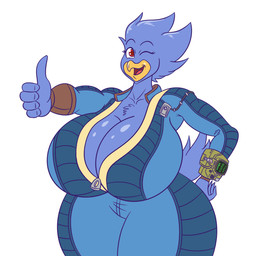 anthro breasts cleavage clothed clothed_anthro clothed_female clothing female female_anthro gesture hand_gesture looking_at_viewer non-mammal_breasts one_eye_closed solo standing three-quarter_view thumbs_up wink drawsputin fallout microsoft busty_bird avian bird corvid corvus_(genus) crow oscine passerine 1:1 digital_drawing_(artwork) digital_media_(artwork) flat_colors hi_res portrait three-quarter_portrait