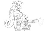 5_fingers anthro big_breasts bracelet breasts cleavage clothed clothing dress electronics eyelashes facial_horn female fingers gatling_gun gun hair head_spikes headphones holding_gun holding_object holding_ranged_weapon holding_weapon horn jewelry long_hair long_tail machine_gun minigun muscular muscular_anthro muscular_arms muscular_female nose_horn ranged_weapon shooting smile snout solo spiked_tail spikes spikes_(anatomy) tail weapon prometheuzone cavemanon_studios goodbye_volcano_high snoot_game rosa_(gvh) aquilops ceratopsian dinosaur ornithischian prehistoric_species reptile scalie 2024 monochrome