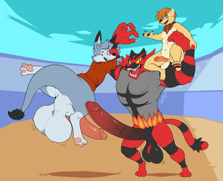 anthro balls big_balls big_penis black_penis blue_body body_hair butt carrying_another carrying_partner claws erection fangs featureless_butt genitals group hairy_balls huge_balls huge_penis hyper hyper_genitalia hyper_penis long_penis male male/male missing_anus mostly_nude open_mouth orange_body penis pink_penis scarf scarf_only teeth dawmino nintendo pokemon alex_the_rubikang generation_7_pokemon incineroar pokemon_(species) 2020