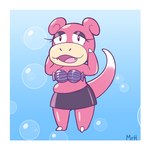 anthro border bottomwear bra breasts clothed clothing eyelashes female open_mouth pink_body seashell_bra shadowed_eyes skirt slightly_chubby solo tail teeth topwear underwear white_border el_senor_erizo nintendo pokemon generation_1_pokemon mammal pokemon_(species) slowpoke 1:1 hi_res