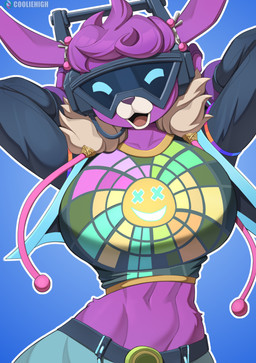 anthro belt big_breasts blue_background breasts clothing electronics female fur hands_behind_head headphones jacket open_mouth purple_body purple_fur simple_background solo topwear visor wide_hips cooliehigh epic_games fortnite dj_bop alpaca camelid mammal hi_res