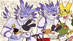 anthro anthrofied blue_eyes cellphone claws clothing colored_nails duo electronics fur male nails phone shirt smartphone striped_body striped_fur stripes tank_top topwear yellow_body yellow_eyes yellow_fur dahecksajerry bandai_namco digimon digimon_(species) garurumon kyubimon hi_res