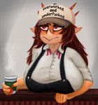 anthro apron beverage big_breasts breasts clothed clothing coffee coffee_cup container cup dress_shirt female hair headgear headwear humor long_hair orange_body red_eyes shirt simple_background solo spikes spikes_(anatomy) text tired tired_eyes topwear ahoeforcoffee goodbye_volcano_high rosa_(gvh) aquilops ceratopsian dinosaur ornithischian prehistoric_species reptile scalie 2024 english_text hi_res trans_(lore) trans_woman_(lore)