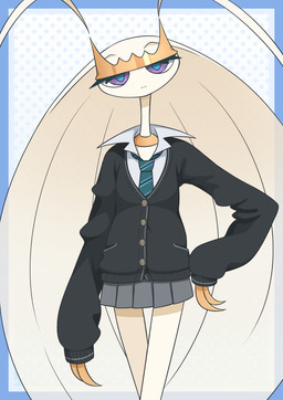 accessory blue_background blue_pupils bottomwear clothed clothing female fully_clothed jacket necktie pattern_background pupils purple_eyes simple_background skirt solo topwear ハンバーグラー北沢 nintendo pokemon generation_7_pokemon pheromosa pokemon_(species) ultra_beast