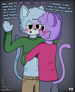 affectionate anthro assisted_exposure blush boyfriend/girlfriend breasts clothed clothed_to_topless clothing clothing_lift dialogue duo exposed_belly female happy love male male/female navel romantic romantic_couple shirt shirt_lift smile tender tenderness text topwear undressing undressing_another eggnaug lucy_(eggnaug) marshall_(eggnaug) domestic_cat felid feline felis mammal 2026 comic english_text hi_res