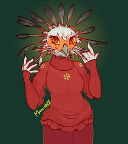 anthro beak bottomwear breasts clothed clothing facial_markings feathered_crest feathers female fully_clothed head_crest head_markings markings mask_(marking) non-mammal_breasts orange_eyes orange_markings pants red_bottomwear red_clothing red_pants red_sweater red_topwear red_turtleneck simple_background solo standing sweater topwear turtleneck white_body white_feathers manustuff accipitriform avian bird secretary_bird colored digital_media_(artwork) portrait three-quarter_portrait
