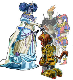 blood blood_on_face bodily_fluids breasts cleavage clothed clothing crown female group headgear holding_melee_weapon holding_object holding_sword holding_weapon kneeling knight knight_armor melee_weapon on_one_knee simple_background sword warrior weapon white_background kabulkalu gameoverse glitch_productions knights_of_guinevere the_amazing_digital_circus the_gaslight_district kit_bodega melancholy_(the_gaslight_district) pomni_(tadc) princess_guinevere domestic_cat felid feline felis human humanoid mammal crossover hi_res inspired_by_formal_art