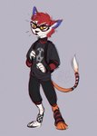 clothed clothing eyewear female glasses hair red_hair shirt solo tail topwear yellow_eyes lostgoose fesha felid feline mammal 2021 hi_res