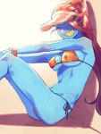 armband bikini blue_body blue_skin blush clothing female fin floral_pattern hair hat headgear headwear leaning_against_wall navel ponytail red_hair shadow sitting smile solo swimwear two-piece_swimsuit pugthe2ro undertale undertale_(series) undyne animal_humanoid fish fish_humanoid humanoid marine marine_humanoid 3:4 hi_res