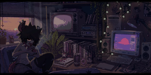 anthro city cityscape clothed clothing collar computer_keyboard computer_monitor detailed_background drugs femboy fishnet_clothing fishnet_legwear fur hair inside legwear male male/male marijuana plant_pot smile smoking smoking_marijuana solo spiked_collar spikes string_lights substance_intoxication sunset tail text white_body white_fur elseirius monster_energy seirsinclair american_opossum mammal marsupial absurd_res digital_media_(artwork) english_text hi_res