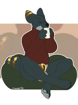 anthro balls bottomless casual_nudity chastity_cage chastity_device clothed clothing container cup digitigrade ear_markings eyewear genitals glasses golden_chastity_cage golden_markings holding_container holding_cup holding_mug holding_object male markings mug pince-nez simple_background sitting smile solo sweater tail tail_markings topwear wearing_glasses smutzkii ineq anubian_jackal canid canine canis jackal mammal absurd_res digital_media_(artwork) hi_res