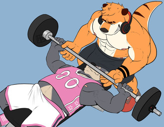abs anthro anthro_on_anthro barbell big_bulge big_muscles blue_background bottomwear bulge bulge_in_face clothed clothing duo electronics erection erection_under_clothing exercise eyebrows footwear fur headphones headphones_around_neck lying male male/male muscular muscular_anthro muscular_male narrowed_eyes nipples on_back pecs shirt shoes shorts simple_background smile standing tank_top teeth tenting topless topless_anthro topless_male topwear tuft weight_bench weightlifting workout hashburrowns ryan_mcbear zeke_(barazokudex) bear mammal mustelid otter 2021 hi_res