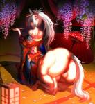 accessory anus asian_clothing clothed clothing east_asian_clothing female genitals grey_hair hair hair_accessory hooves japanese_clothing kanzashi kimono looking_back monster_girl_(genre) obi pussy red_eyes solo umbrella oottaakkuu european_mythology greek_mythology mythology centaur equid equid_taur humanoid_taur mammal mammal_taur taur absurd_res hi_res