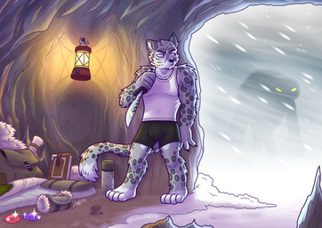 anthro athletic athletic_anthro athletic_male bottomwear bulge clothed clothing duo feet fingers fur grey_body grey_fur hair holding_knife holding_object holding_weapon knife lamp male markings shirt shorts snow snowing spots standing tail tank_top toes topwear weapon luchosfactory felid mammal monster pantherine snow_leopard absurd_res digital_media_(artwork) hi_res