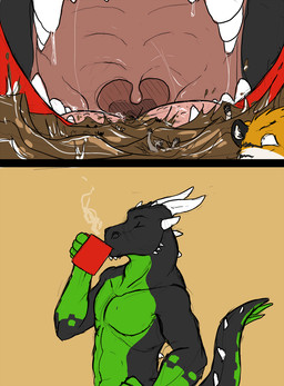 anthro black_body black_tail bodily_fluids cheek_spikes chin_spikes container cup drinking eyes_closed facial_spikes green_body green_tail group hand_on_hip holding_container holding_cup holding_mug holding_object male male/male male_anthro male_pred male_prey micro mouth_closed mouth_shot mug nude open_mouth oral_vore saliva saliva_string simple_background solo_focus spiked_tail spikes spikes_(anatomy) standing tail uvula vore solaxe_(artist) mythology dragon mythological_creature mythological_scalie scalie colored_sketch sketch