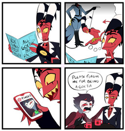 4_panel_comic 5_fingers anthro arm_tuft bdsm bdsm_outfit beverage biped black_body black_clothing black_collar black_eyebrows black_feathers black_gloves black_handwear black_horn black_leash black_suit black_tail black_tail_tip black_underwear blue_body blue_feathers blue_tail bodily_fluids border breathable_gag bulge cellphone chain chest_harness clothed clothed_anthro clothed_humanoid clothed_male clothing coffee coffee_mug collar container crying cup curved_horn dialogue dipstick_tail dominant dominant_anthro dominant_male duo elbow_tuft electronics eyebrows faceless_anthro faceless_character faceless_male facial_tattoo fantasizing feathers feet fingers gag gloves gold_(metal) gold_chain hand_on_another's_shoulder hand_on_chest hand_on_hip hand_on_own_chest hand_on_own_hip hand_on_shoulder hands_behind_back handwear harness holding_cellphone holding_leash holding_object holding_phone holding_smartphone horn key kneeling leash leashed_collar leashed_humanoid leashed_male legs_together lock logo looking_at_another looking_at_viewer makeup male male/male markings mascara mug multicolored_body multicolored_feathers multicolored_horn multicolored_skin multicolored_tail occult_symbol padlock pentagram phone red_body red_clothing red_eyes red_sclera red_skin red_sweater red_tail red_topwear running_makeup running_mascara sharp_teeth smartphone spade_tail speech_bubble striped_horn stripes submissive submissive_humanoid submissive_male suit sweater symbol tail tail_feathers tail_markings talking_to_another tattoo tears teeth text thinking thought_bubble toes tongue topwear tuft two_tone_horn underwear white_body white_border white_eyes white_face white_horn white_skin yellow_sclera yellow_teeth water_enjoyer hellaverse helluva_boss blitzo_(helluva_boss) stolas_(helluva_boss) avian bird demon humanoid imp owl owl_demon 2026 absurd_res artist_logo artist_name comic digital_media_(artwork) english_text hi_res