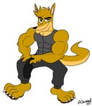 abs anthro biceps big_feet blonde_hair clothing feet fingers fur green_eyes hair long_tail looking_at_viewer male multicolored_body multicolored_fur muscular muscular_anthro muscular_male pecs shirt short_hair simple_background sitting smile solo tail tank_top toes topwear two_tone_body two_tone_fur white_background yellow_body yellow_fur doritohead joseph_carter kangaroo macropod mammal marsupial 2017 absurd_res artist_name digital_media_(artwork) hi_res signature