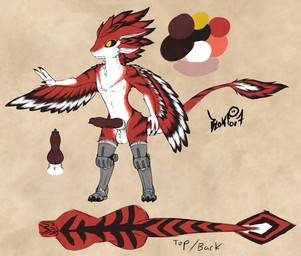 3_fingers amputee animal_genitalia animal_penis anthro balls black_sclera canine_genitalia canine_penis disability feathers fingers fur genitals knot knotted_penis male penis prosthetic red_body red_feathers red_fur sheath simple_background solo standing white_body white_feathers white_fur wingarms wings yellow_eyes blokfort avali avian 2026 hi_res model_sheet