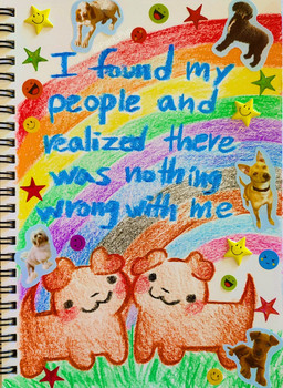 :3 ambiguous_gender blush brown_body brown_fur duo feral floppy_ears fur rainbow short_tail simple_face smiley_face sticker tail basil-mage canid canine canis domestic_dog mammal crayon_(artwork) hi_res traditional_media_(artwork)