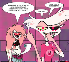 anthro being_watched bottomwear bottomwear_down brush brushing clothed clothing dialogue duo feces female freckles looking_at_another male panties_on_floor pants pants_down partially_clothed pooping profanity red_eyes scat_disposal text toilet toilet_paper toilet_use wiping wiping_butt loogerwoui hazbin_hotel hellaverse angel_dust cherri_bomb_(hazbin_hotel) animal_humanoid arachnid arachnid_humanoid arthropod arthropod_humanoid cyclops demon humanoid spider spider_humanoid absurd_res english_text hi_res