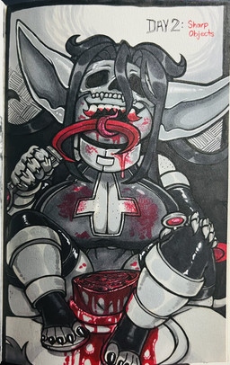 5_fingers 5_toes ambiguous_gender armor armwear big_breasts big_ears biped black_text blood blood_from_neck blood_from_wound blood_in_mouth blood_on_breast blood_on_clothing blood_on_face blood_on_teeth blood_on_weapon bodily_fluids bone bone_mask breasts cleavage_cutout clothed clothed_female clothed_humanoid clothing coiling collar corpse cross cutout day_count decapitation dual_wielding duo elbow_gloves eyes_obstructed fangs feet female fingers footwear freckles gauntlets gloves gore hair handwear holding_object holding_sickle holding_weapon humanoid_pointy_ears inverted_cross larger_ambiguous larger_human legwear leotard licking_blood licking_weapon mask neck_stump obscured_eyes pointy_ears red_text sandals shin_guards shoes sickle size_difference skull skull_mask smaller_female smaller_humanoid tail tail_around_neck tail_tuft teeth text thigh_highs toeless_footwear toeless_legwear toeless_stockings toes tuft tusks weapon wounded toxicsoul77 goretober deiirdre_(toxicsoul77) goblin human humanoid mammal 2024 english_description english_text hi_res partially_colored traditional_media_(artwork)