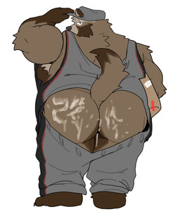 after_sex anthro bodily_fluids bottomwear brown_body brown_fur butt clothing cum cum_on_butt fur genital_fluids hat headgear headwear kemono male overweight overweight_male pants shirt simple_background solo topwear haruyama_rice canid canine mammal raccoon_dog tanuki 2026 absurd_res hi_res